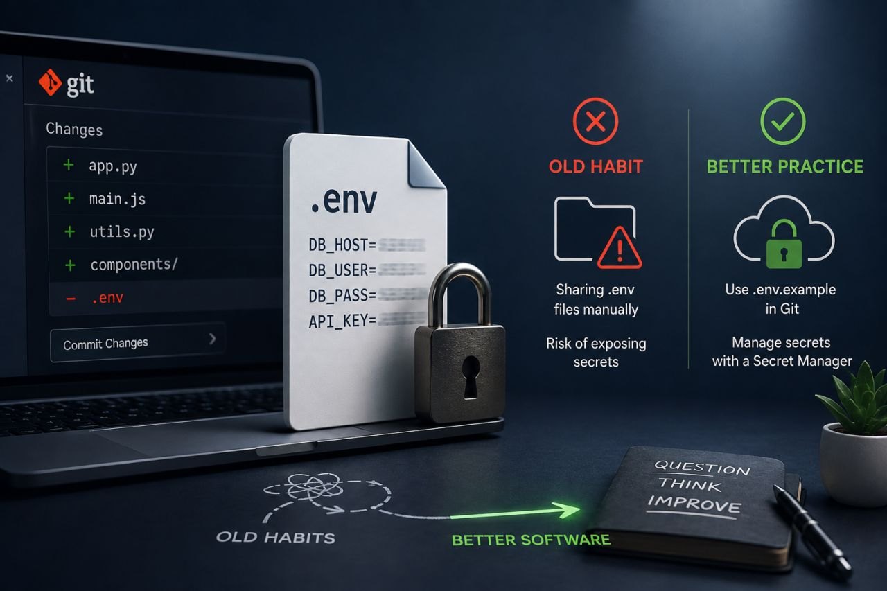 A .env file behind a padlock beside a Git changes list, contrasting the old habit of sharing .env files by hand with committing a .env.example and keeping the real secrets in a secret manager