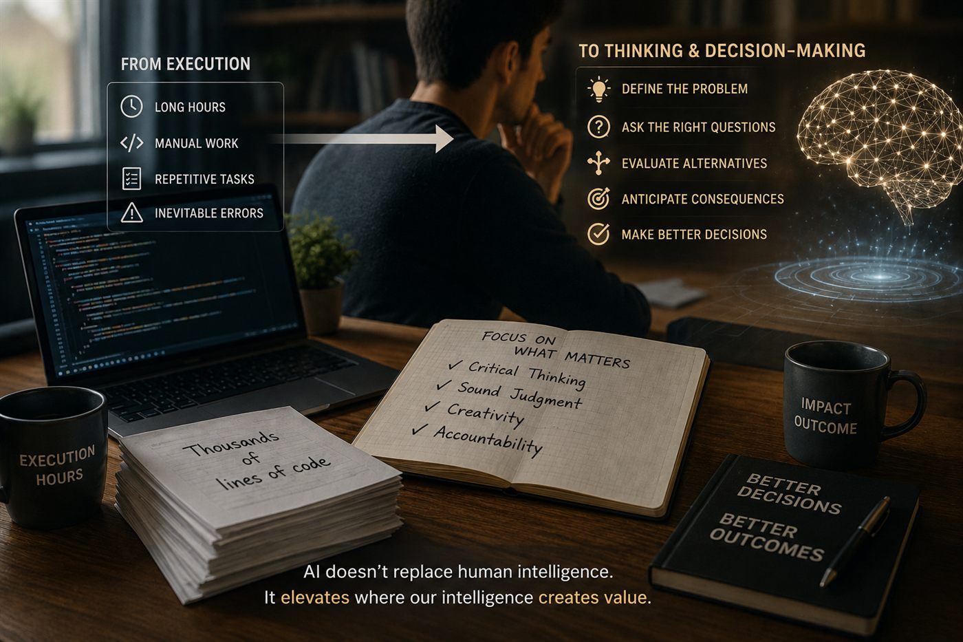 A developer at a desk: on one side long hours, manual work and repetitive tasks; on the other, defining the problem, asking the right questions and making better decisions