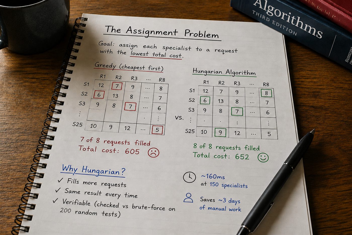 Two cost matrices compared: greedy fills 7 of 8 requests at a total cost of 605, the Hungarian algorithm fills 8 of 8 at 652